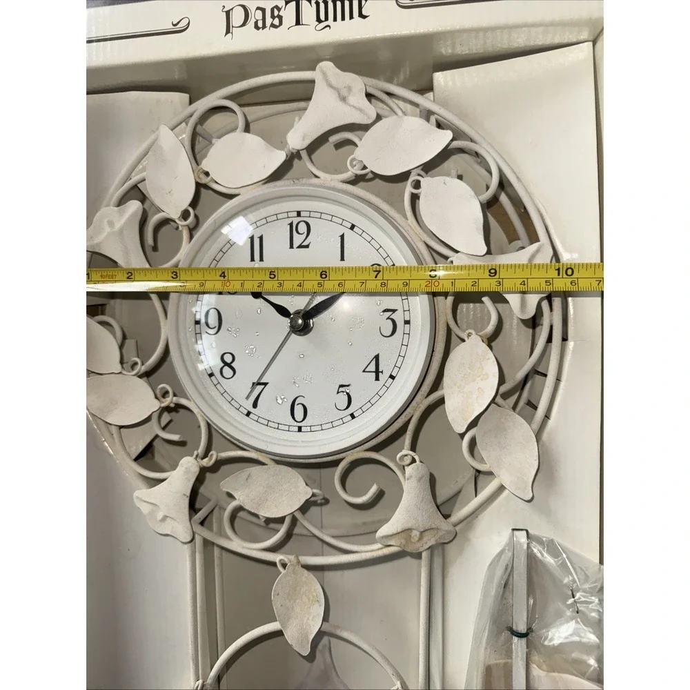 Vintage Clock hanging wall Metal Off White Pendulum Ivy Floral Cottage READ